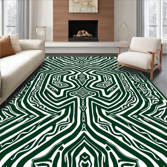 ODIKA 2'x3' Machine Washable Non-Slip Area Rug, Artisan Maze Stripe Design with Abstract Arrowhead Motifs High Traffic Rug with Pad, Green, 600524