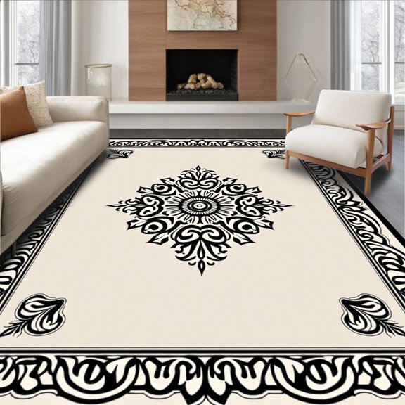 ODIKA 2x3 Machine Washable Non-Slip Area Rug, Artisan Medallion Mosaic with Decorative Border High Traffic Rug, Beige, 526515