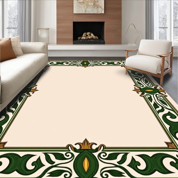 ODIKA 2'x3' Machine Washable Non-Slip Area Rug, Artisan Scrollwork Floral with Baroque Leaf Embellishments High Traffic Rug with Pad, Green, 562312