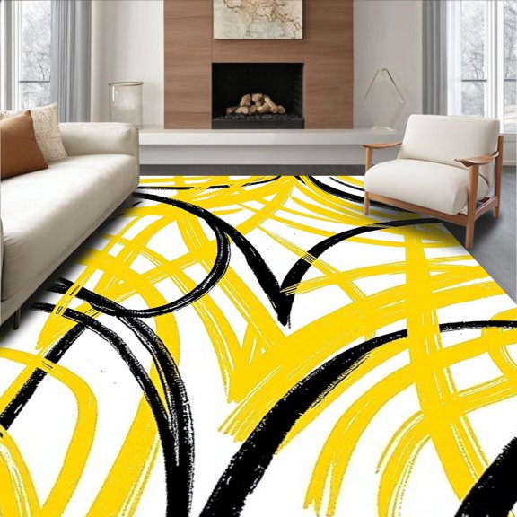 ODIKA 2x3 Machine Washable Non-Slip Area Rug, Artistic Abstract Brushstroke Modern Ultrasoft High Traffic Rug, Yellow, 580846