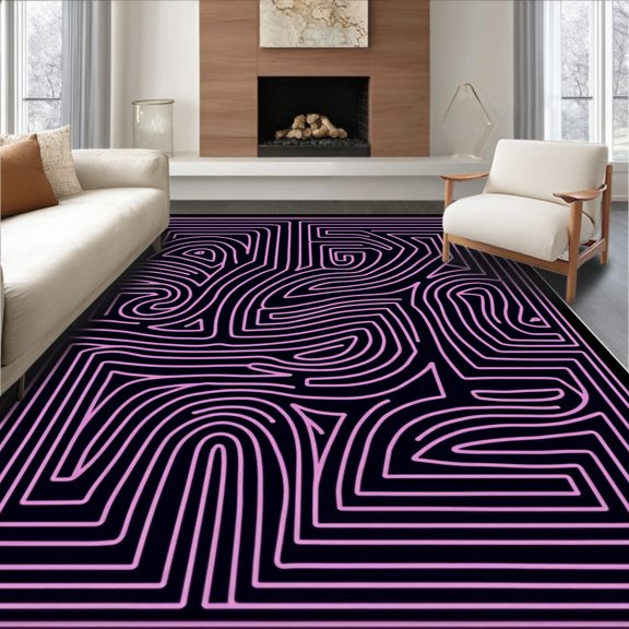 ODIKA 2x3 Machine Washable Non-Slip Area Rug, Artistic Maze Labyrinth Swirl Fuzzy Decorative High Traffic Rug, Black, 534131