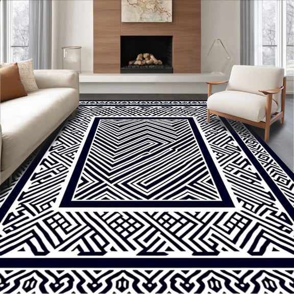 ODIKA 2x3 Machine Washable Non-Slip Area Rug, Artistic Maze Zigzag Chevron Trellis Luxurious Aesthetic High Traffic Rug, Black, 581970