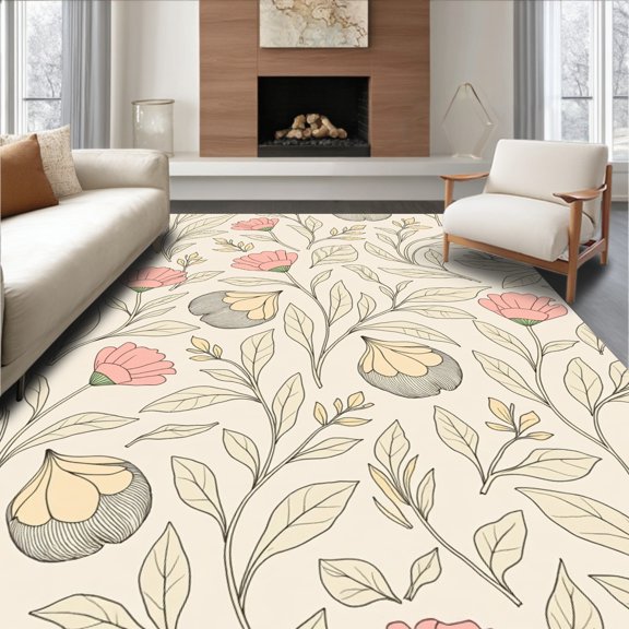 ODIKA 2x3 Machine Washable Non-Slip Area Rug, Artistic Meadow Featuring Flowing Florals and Delicate Leaf Sprays High Traffic Rug with Pad, Beige, 361661