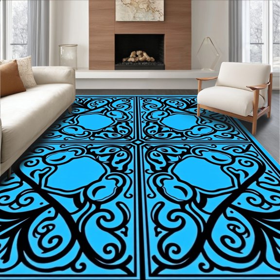 ODIKA 2x3 Machine Washable Non-Slip Area Rug, Artistic Swirl Paisley Baroque Rococo Scroll High Traffic Rug, Blue, 591152