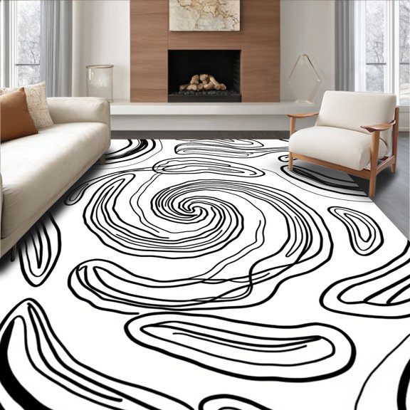 ODIKA 2x3 Machine Washable Non-Slip Area Rug, Artistic Vortex Medallion Curved Wave Decorative High Traffic Rug, Black, 584555