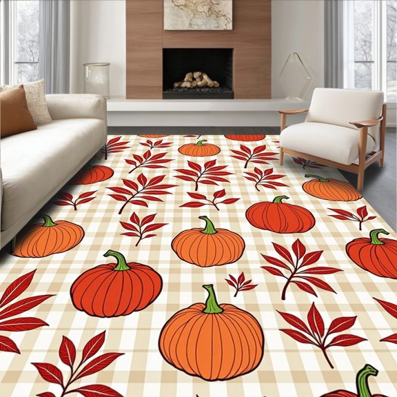 ODIKA 2x3 Machine Washable Non-Slip Area Rug, Autumn Foliage Checkered Gourds Decorative Seasonal Embellishment High Traffic Rug, Orange, 602523