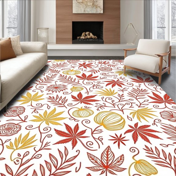 ODIKA 2'x3' Machine Washable Non-Slip Area Rug, Autumnal Symphony of Sprigs and Blooming Pumpkins High Traffic Rug, Red, 740546