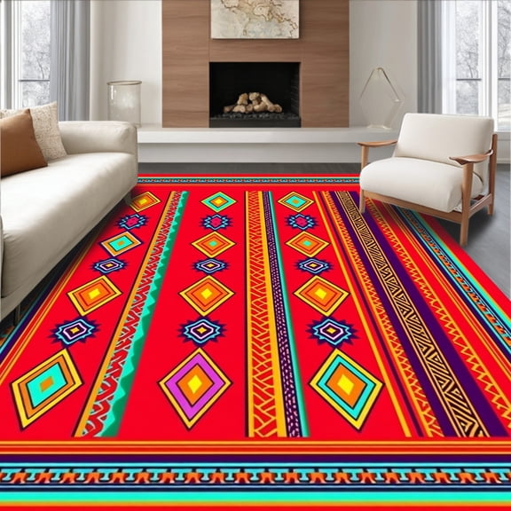 ODIKA 2x3 Machine Washable Non-Slip Area Rug, Aztec Horizon Striped Interlocking Serape Design High Traffic Rug, Red, 717252