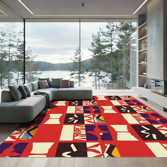 ODIKA 2'x3' Machine Washable Non-Slip Area Rug, Aztec Inspired Checkered Design High Traffic Rug, Red, 917794