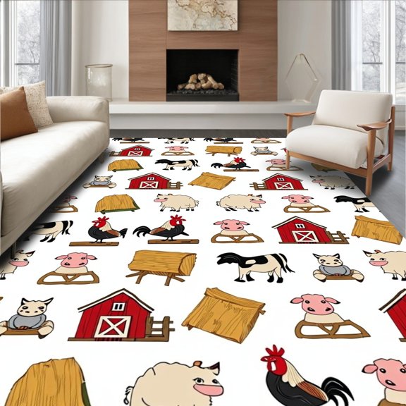 ODIKA 2x3 Machine Washable Non-Slip Area Rug, Barnyard Farm Cow Pig Sheep Rooster Country Life Learning Cover High Traffic Rug, Red, 684474
