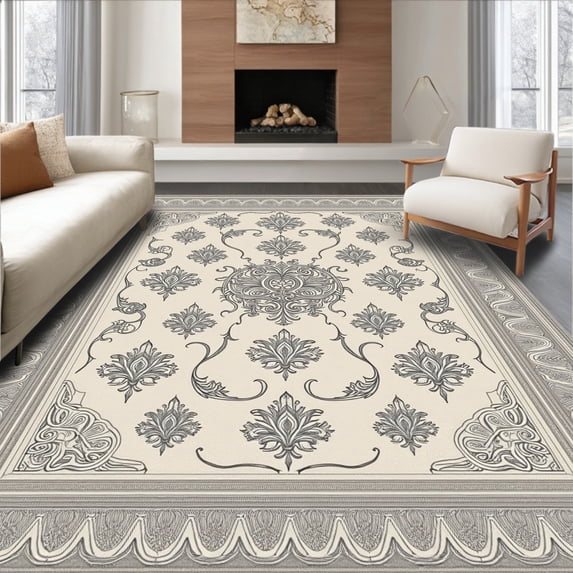 ODIKA 2x3 Machine Washable Non-Slip Area Rug, Baroque High Traffic Rug with Pad, Ivory, 407947