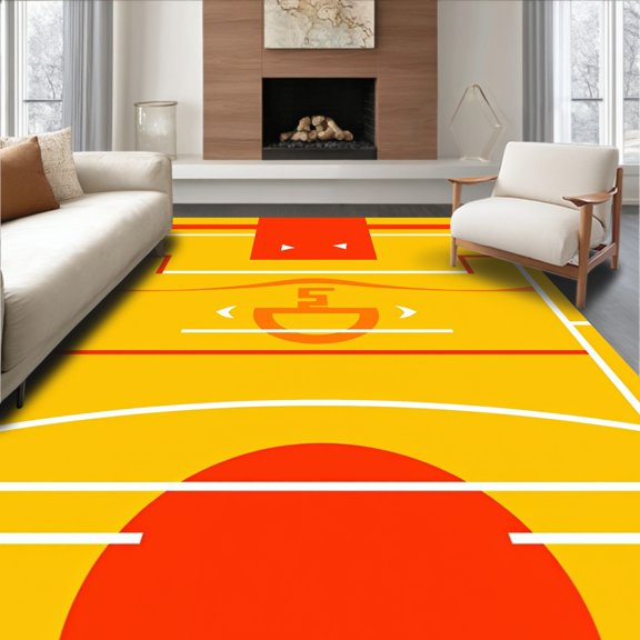 ODIKA 2x3 Machine Washable Non-Slip Area Rug, Basketball Court Hardwood with Three Point Arc Hoops Design High Traffic Rug, Yellow, 673085