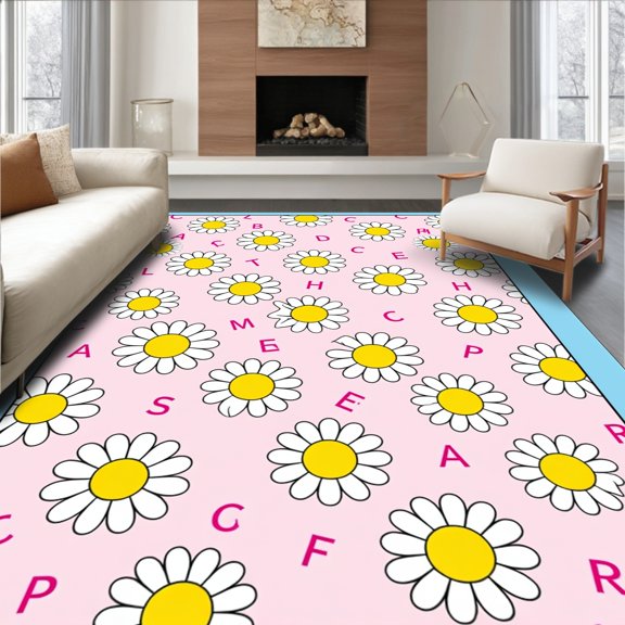 ODIKA 2x3 Machine Washable Non-Slip Area Rug, Blooming Daisy Alphabet Learning High Traffic Rug, Pink, 686399