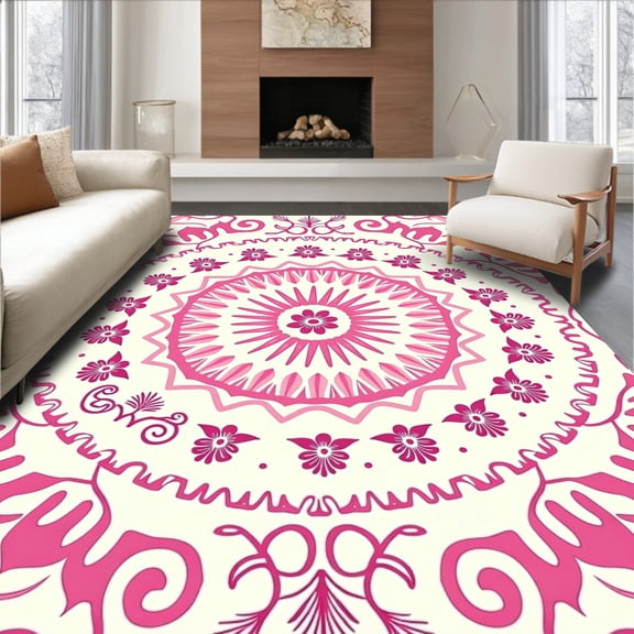 ODIKA 2x3 Machine Washable Non-Slip Area Rug, Blooming Floral Medallion Boho Chic Elegant Artistic Accent High Traffic Rug, Pink, 368744