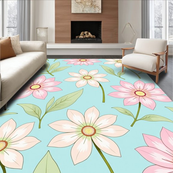 ODIKA 2x3 Machine Washable Non-Slip Area Rug, Blooming Lotus Petal Interlocking Floral Art High Traffic Rug, Blue, 543562