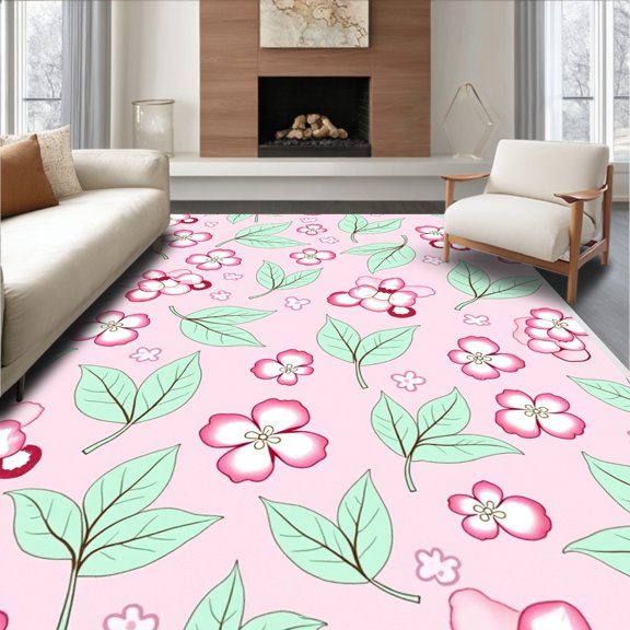 ODIKA 2x3 Machine Washable Non-Slip Area Rug, Blooming Orchard Pathway Semi Circle Entry with Nature Inspired Art High Traffic Rug, Pink, 511501