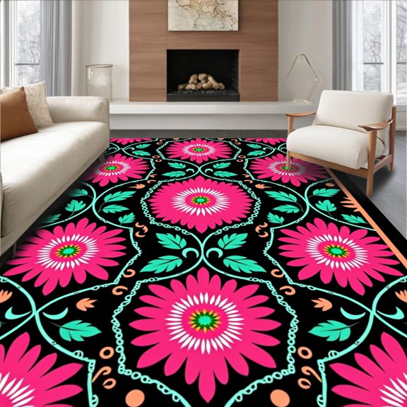 ODIKA 2'x3' Machine Washable Non-Slip Area Rug, Blooming Petal Interlocking Floral Art Style High Traffic Rug with Pad, Pink, 743908