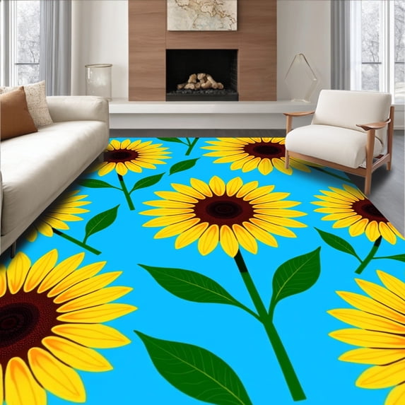 ODIKA 2'x3' Machine Washable Non-Slip Area Rug, Blooming Sunflower Field Decorative Accent High Traffic Rug, Yellow, 717572