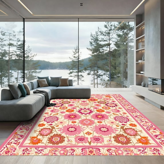ODIKA 2'x3' Machine Washable Non-Slip Area Rug, Bohemian Blush Pink High Traffic Rug with Pad, Pink, 1058393