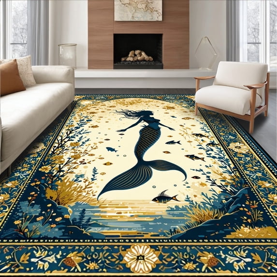 ODIKA 2'x3' Machine Washable Non-Slip Area Rug, Rustic Ocean Wave Motif High Traffic Rug with Pad, Gold, 30593