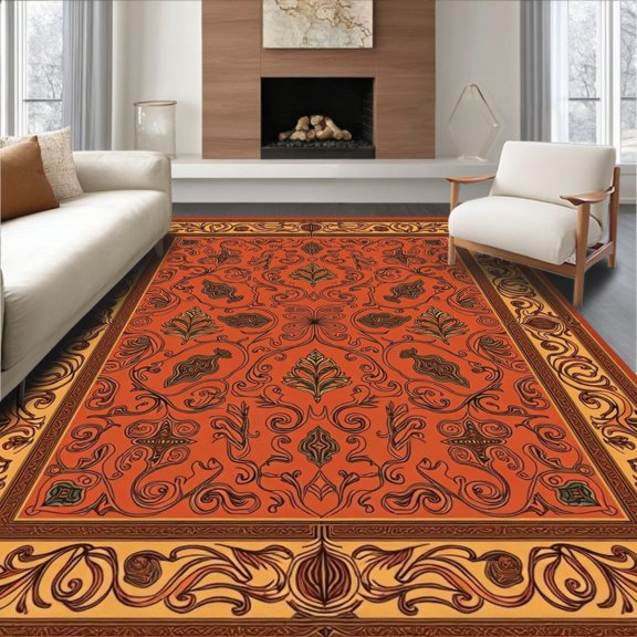 ODIKA 2x3 Machine Washable Non-Slip Area Rug, Bohemian Paisley Scroll Work with Weathered Cottage Charm Appeal High Traffic Rug, Orange, 510575
