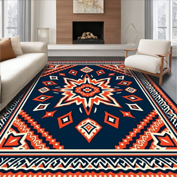 ODIKA 2x3 Machine Washable Non-Slip Area Rug, Boho Aztec Design Accent High Traffic Rug, Blue, 473743