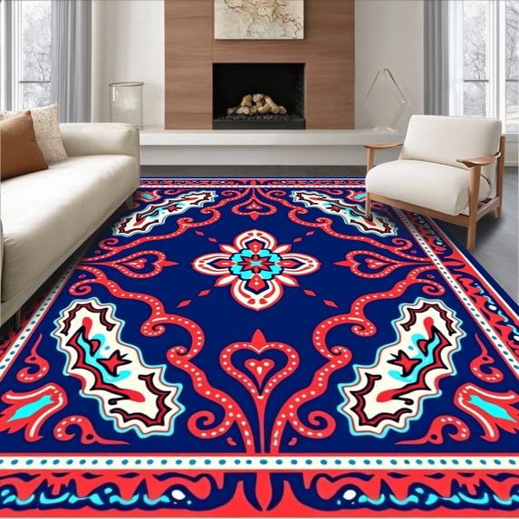 ODIKA 2'x3' Machine Washable Non-Slip Area Rug, Boho Breeze Paisley with Ornate Coral Filigree Accents High Traffic Rug with Pad, Red, 550196