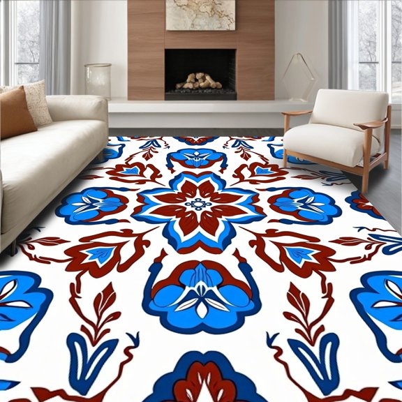ODIKA 2x3 Machine Washable Non-Slip Area Rug, Boho Floral Medallion Featuring Ornate Interlocking Petal Motifs High Traffic Rug, Blue, 559870