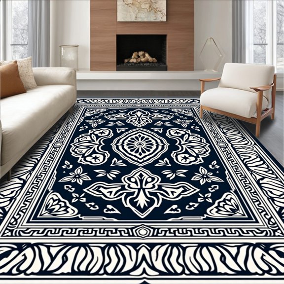 ODIKA 2x3 Machine Washable Non-Slip Area Rug, Boho Inspired Floral Paisley Composition with Symmetrical Ornamental Accents High Traffic Rug, Navy, 714939