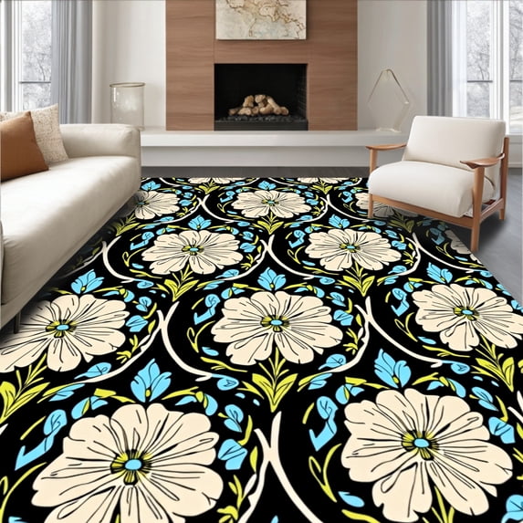 ODIKA 2'x3' Machine Washable Non-Slip Area Rug, Boho Lattice Blossom Design with Distressed Petal Embellishments High Traffic Rug with Pad, Black, 354623