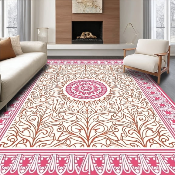 ODIKA 2x3 Machine Washable Non-Slip Area Rug, Boho Latticework Trellis with Ornamental Scroll Detailing High Traffic Rug, Pink, 536049
