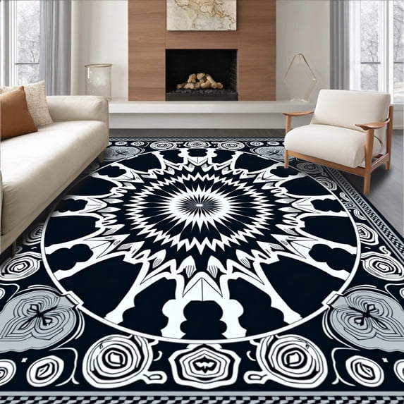 ODIKA 2'x3' Machine Washable Non-Slip Area Rug, Boho Starburst Arrangement with Decorative Medallion High Traffic Rug with Pad, Black, 545632