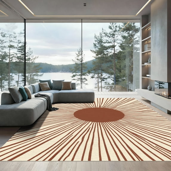 ODIKA 2'x3' Machine Washable Non-Slip Area Rug, Boho Sunburst Abstract Desert Hues High Traffic Rug with Pad, Beige, 905973