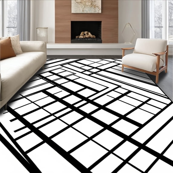 ODIKA 2x3 Machine Washable Non-Slip Area Rug, Bold Stripe with Interlocking Chevron Accents Modern High Traffic Rug, Black, 527159