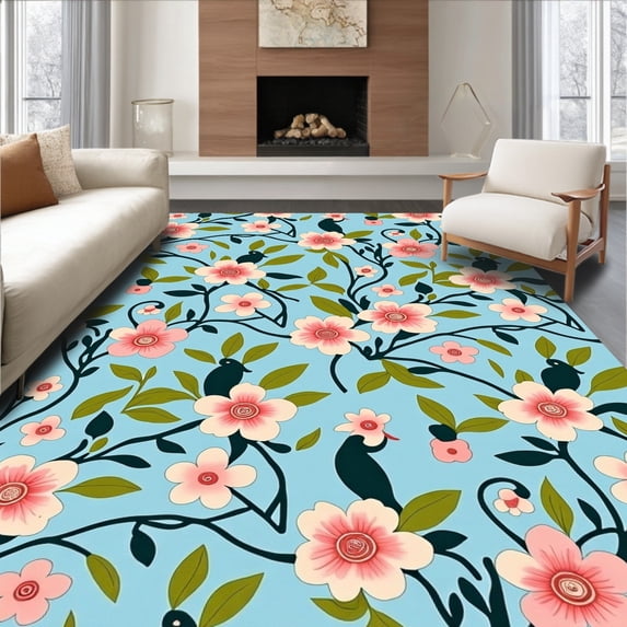ODIKA 2'x3' Machine Washable Non-Slip Area Rug, Botanical Aviary Reverie with Parrot and Blossoming Branches High Traffic Rug, Pink, 477931