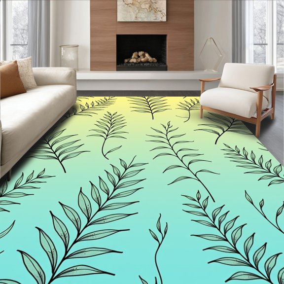 ODIKA 2x3 Machine Washable Non-Slip Area Rug, Botanical Fern Vine Scroll with Subtle Ombre Gradient High Traffic Rug, Yellow, 530141