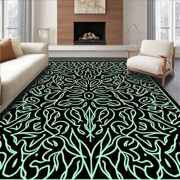 ODIKA 2x3 Machine Washable Non-Slip Area Rug, Botanical Flourish with Flourishing Leaf Motif High Traffic Rug, Black, 668427