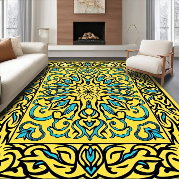 ODIKA 2'x3' Machine Washable Non-Slip Area Rug, Botanical Flourish with Ornate Leafy Swirls High Traffic Rug, Yellow, 539304