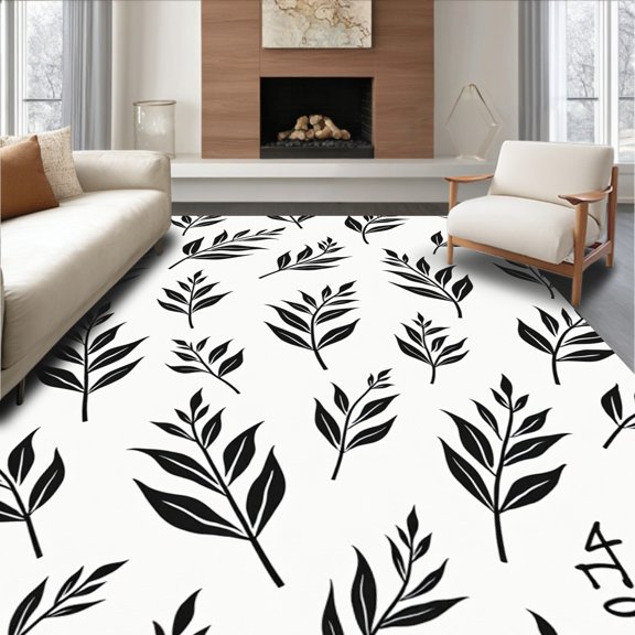 ODIKA 2x3 Machine Washable Non-Slip Area Rug, Botanical Leaf Branch Aesthetic Indoor Floor High Traffic Rug, Black, 465405