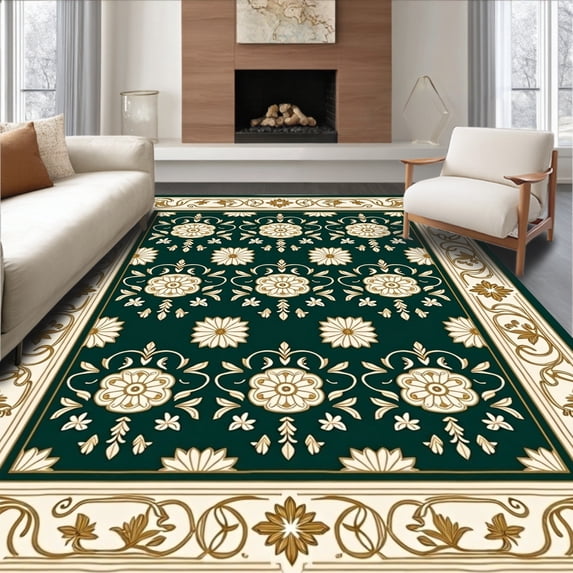 ODIKA 2'x3' Machine Washable Non-Slip Area Rug, Botanical Medallion Interlocking with Art Nouveau Flourish High Traffic Rug, Green, 616551