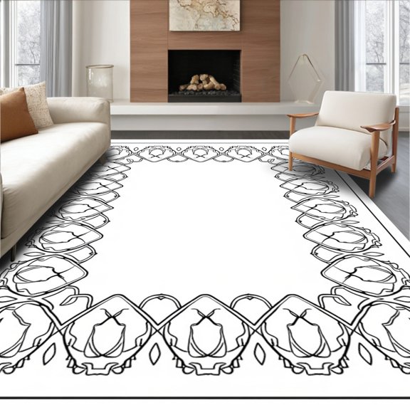 ODIKA 2x3 Machine Washable Non-Slip Area Rug, Botanical Vines Mosaic with Sunset Orange and Emerald Flourish High Traffic Rug, Black, 710813