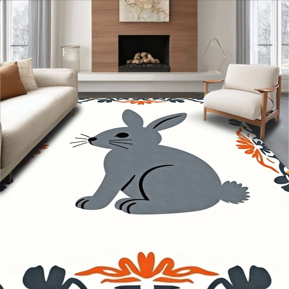 ODIKA 2x3 Machine Washable Non-Slip Area Rug, Bunny Latch Hook Kit with Floral Border Needlework High Traffic Rug, Gray, 644214