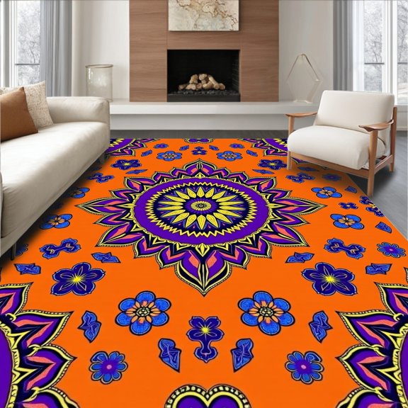 ODIKA 2x3 Machine Washable Non-Slip Area Rug, Burst Bathtub Intricate Floral Medallion Design High Traffic Rug, Orange, 677717