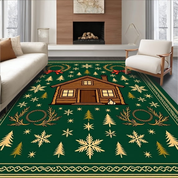 ODIKA 2'x3' Machine Washable Non-Slip Area Rug, Cabin Snowflake Wreath Traditional Yuletide Floor High Traffic Rug with Pad, Green, 623056