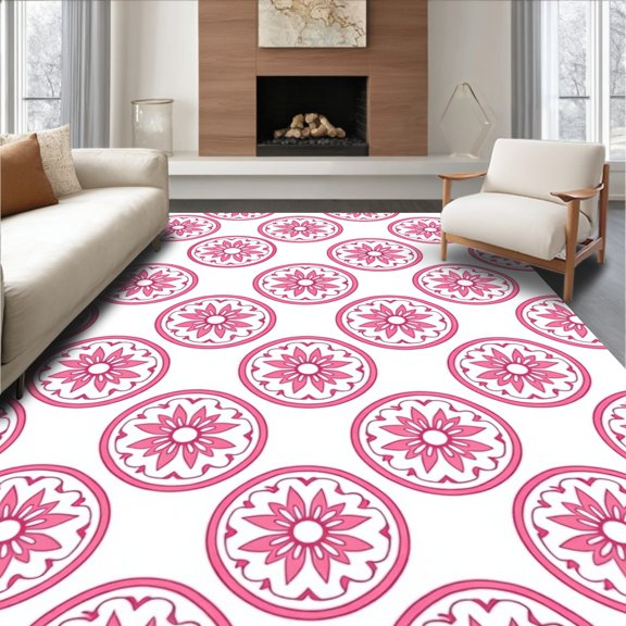 ODIKA 2x3 Machine Washable Non-Slip Area Rug, Cable Stitch Medallion with Interlocking Nordic Motifs High Traffic Rug, Pink, 653366