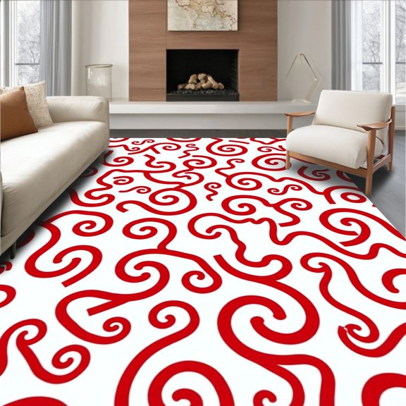 ODIKA 2x3 Machine Washable Non-Slip Area Rug, Cane Spiral Tapestry Kit with Peppermint Swirl Motifs High Traffic Rug, Red, 643235