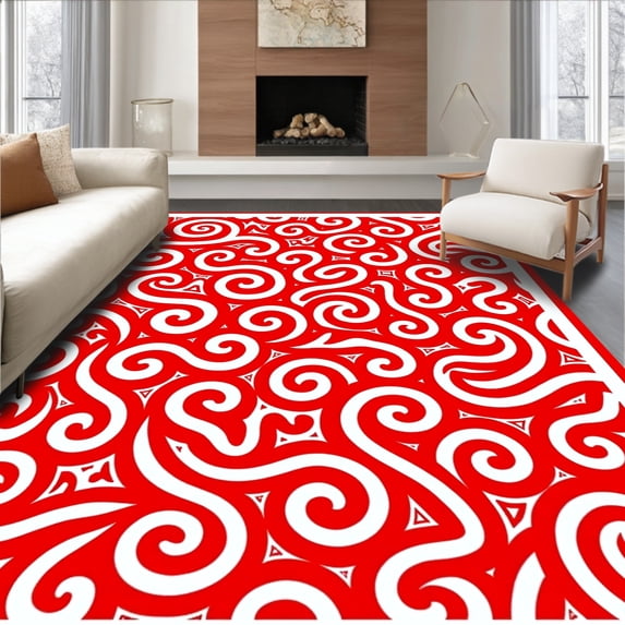 ODIKA 2'x3' Machine Washable Non-Slip Area Rug, Cane Stripe Festive with Peppermint Swirl Holiday Theme High Traffic Rug, Red, 621780