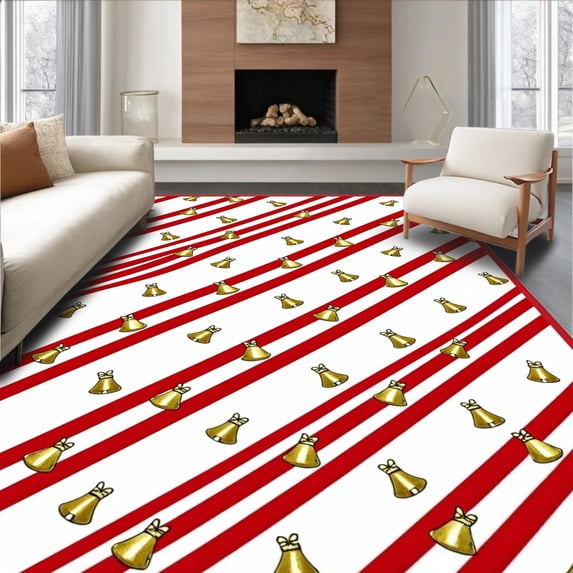 ODIKA 2'x3' Machine Washable Non-Slip Area Rug, Cane Stripe Holiday Entrance Duo with Jingle Bell Accents High Traffic Rug with Pad, Red, 630244
