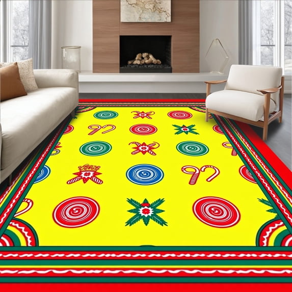 ODIKA 2'x3' Machine Washable Non-Slip Area Rug, Cane Stripe Medallion Joyful Season Accent High Traffic Rug, Yellow, 611167