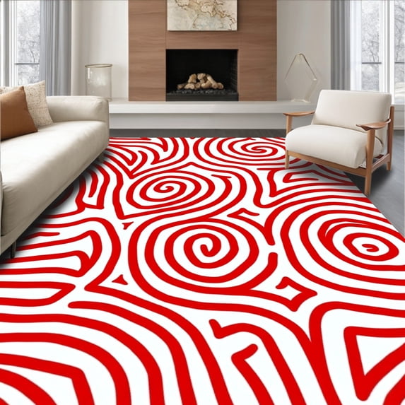 ODIKA 2'x3' Machine Washable Non-Slip Area Rug, Cane Stripe Swirl Indoor Floor High Traffic Rug, Red, 610326